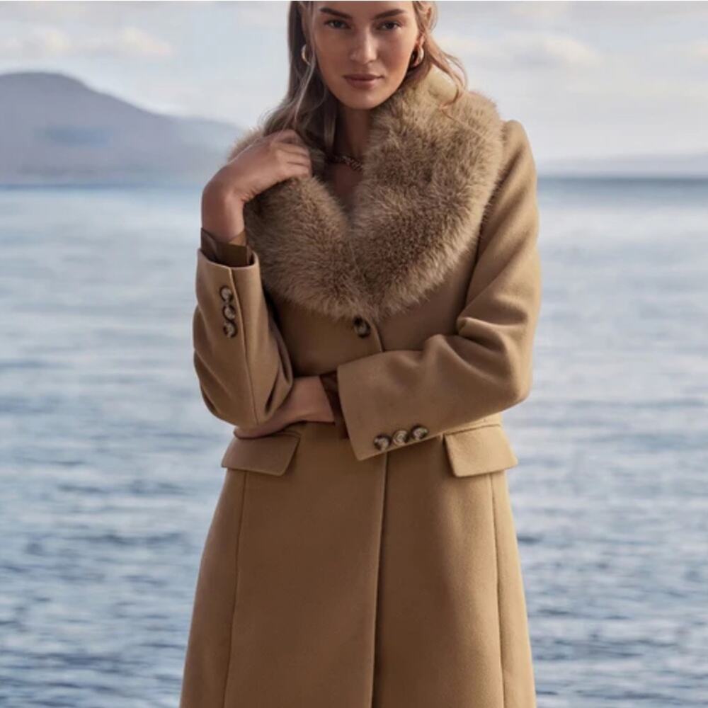 NWOT Kate Spade camel color wool blend coat w/ faux fur collar sz M